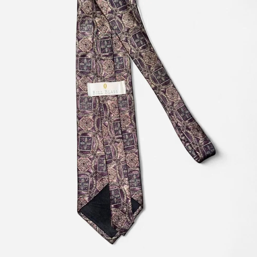 Vintage 90s Bill Blass Purple and Tan Geometric Print Neck Tie